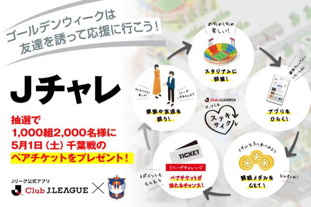 Ｊリーグアプリ「Ｊチャレ」1,000組2,000名様に抽選でペアチケットが当たる！ゴールデンウィークの5月1日（土）千葉戦は友達を誘って応援に行こう！