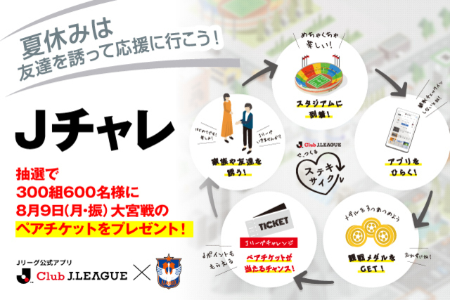 Ｊリーグアプリ「Ｊチャレ」で300組600名様にペアチケットが当たる！ 夏休みの8月9日（月・振休）大宮アルディージャ戦は友達を誘って応援に行こう！