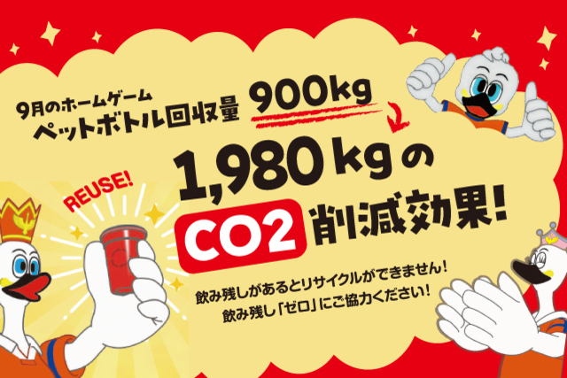 【SMILEエコ活動報告】９月ホームゲーム ペットボトル回収量ならびにCO2削減状況のお知らせ