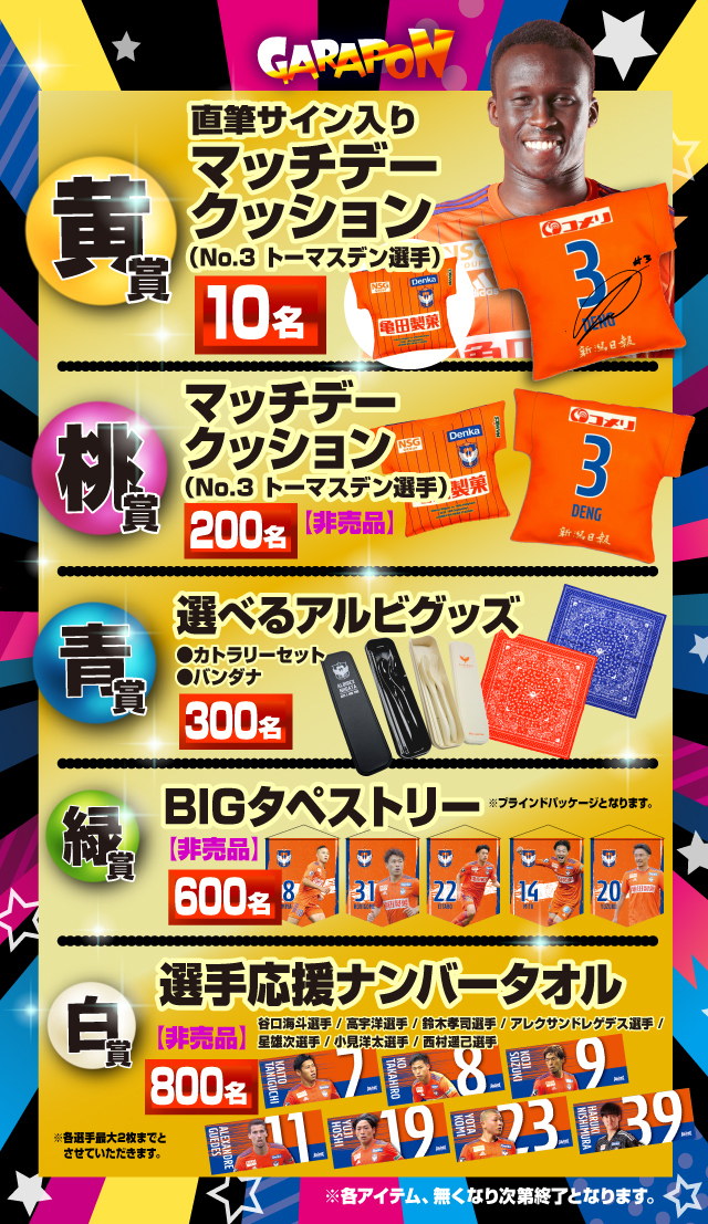 豪華景品が勢揃い！9月18日（日）水戸戦 アルビガラポン1,000円くじ